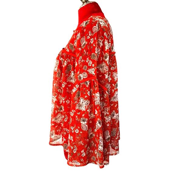 Lucky Brand peasant blouse size M Boho 3/4 sleeve casual orange tan floral sheer - Picture 6 of 8